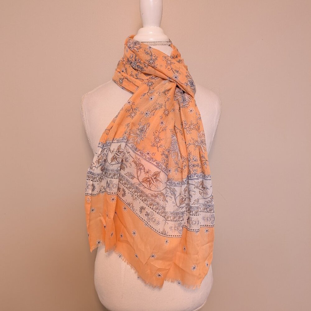 VINTAGE 1990s peach, white, navy blue semi sheer floral with border scarf EUC